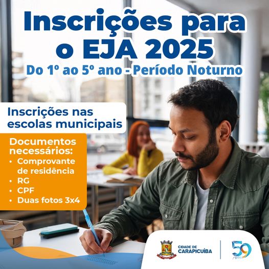 Carapicuíba abre matrículas para o Programa EJA 2025 - Primeira Edição